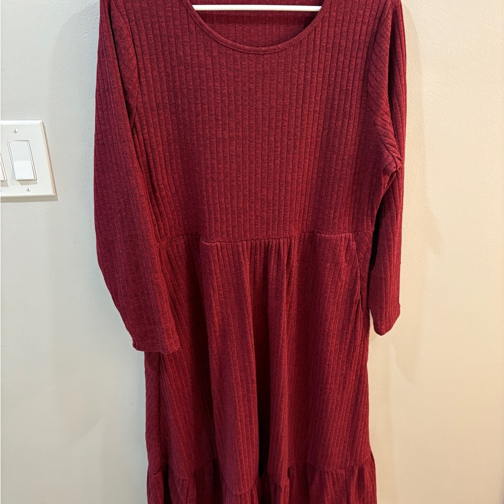 BloomChic Long Sleeve Ribbed Dress - Burgundy